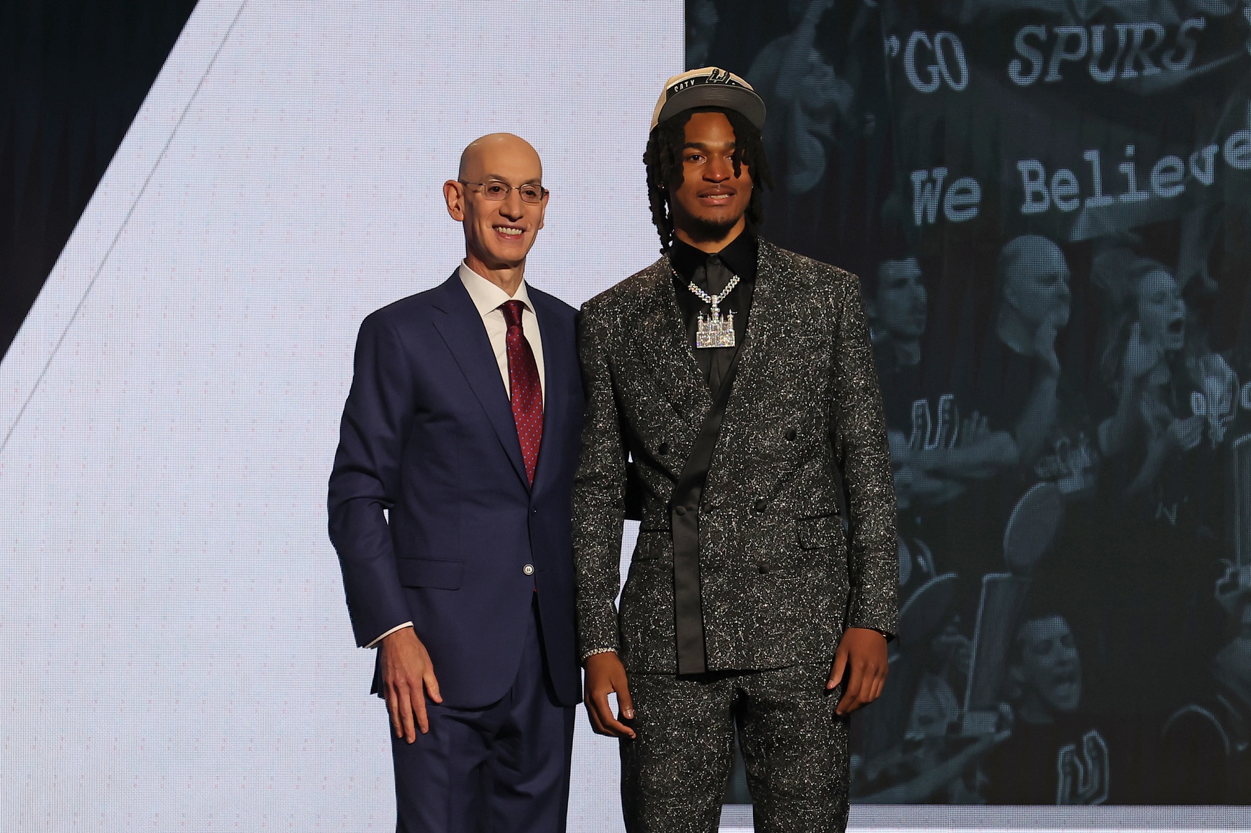 Jun 26, 2024; Brooklyn, NY, USA; Stephon Castle poses for photos with NBA commissioner Adam Silver after being selected in the first round by the San Antonio Spurs in the 2024 NBA Draft at Barclays Center. Mandatory Credit: Brad Penner-USA TODAY Sports