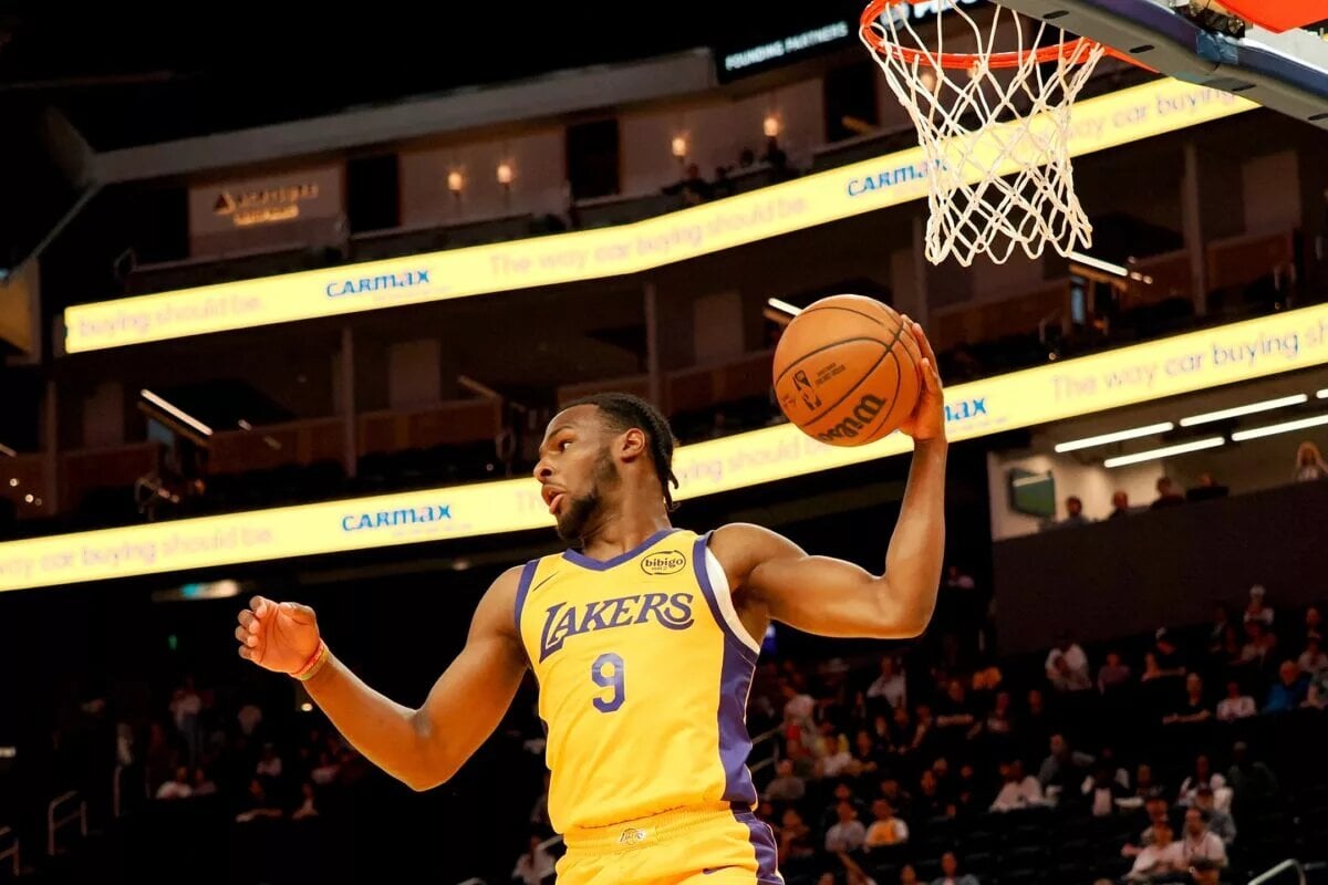 Jul 6, 2024; San Francisco, CA, USA; Los Angeles Lakers guard Bronny James Jr. (9) controls a rebound against the Sacramento Kings during the first quarter at Chase Center. Mandatory Credit: Kelley L Cox-USA TODAY Sports
