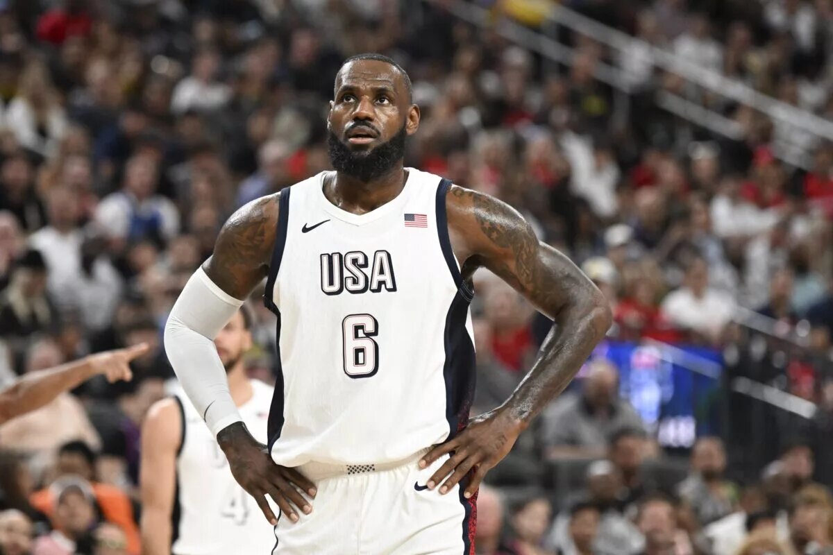 Jul 10, 2024; Las Vegas, Nevada, USA; USA forward Lebron James (6) looks on during the third quarter against Canada in the USA Basketball Showcase at T-Mobile Arena. Mandatory Credit: Candice Ward-USA TODAY Sports