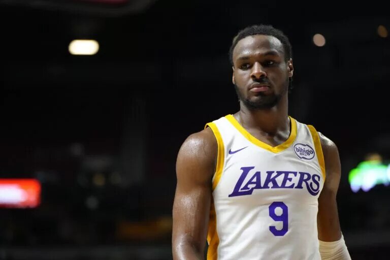 Jul 15, 2024; Las Vegas, NV, USA; Los Angeles Lakers guard Bronny James (9) competes against the Boston Celtics during the second half at Thomas & Mack Center. Mandatory Credit: Lucas Peltier-USA TODAY Sports