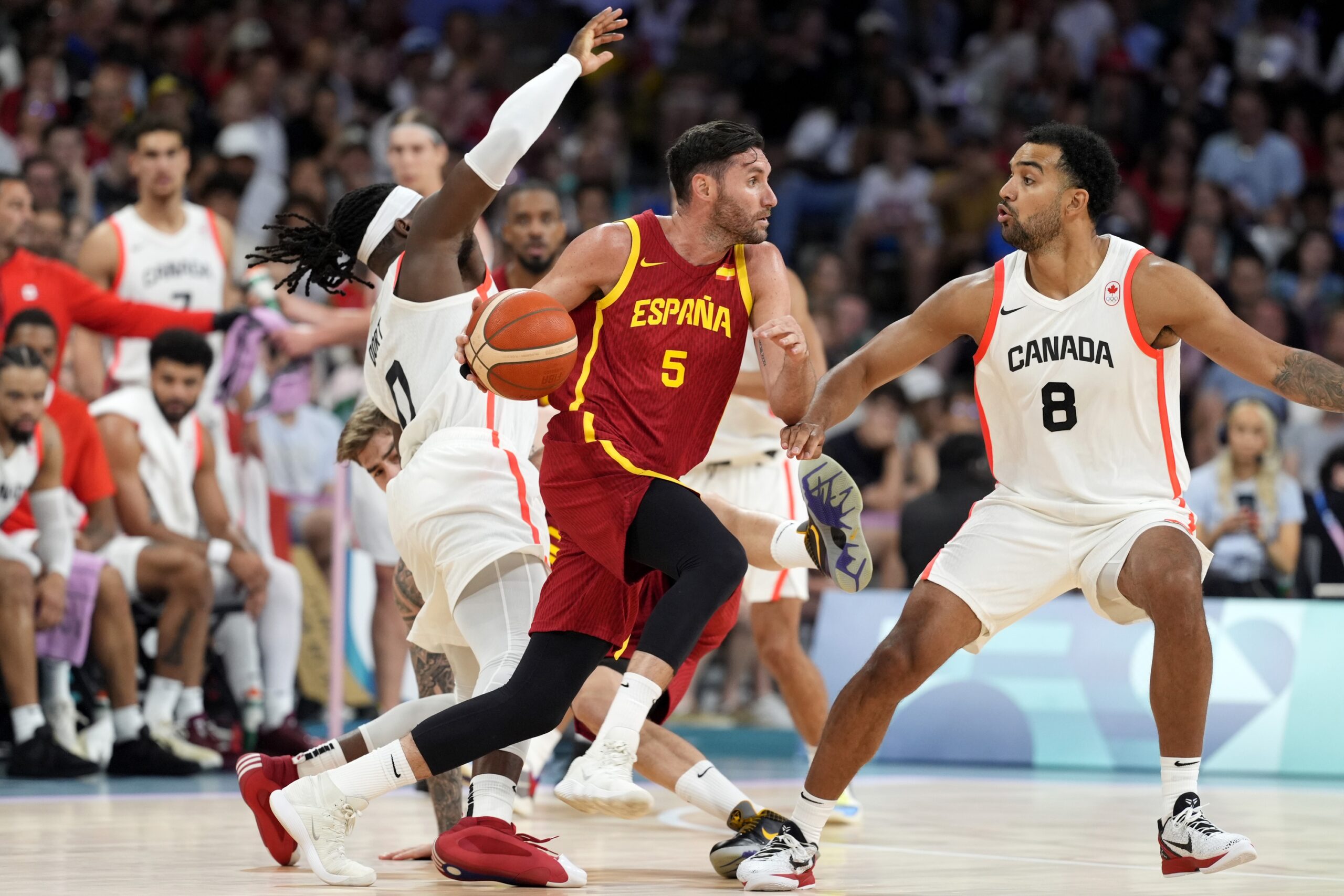 Spain forward Rudy Fernandez controls the ball during Paris Olympics