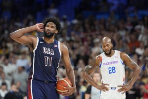 Philadelphia 76ers and Team USA center Joel Embiid taunts crowd during Paris Olympics
