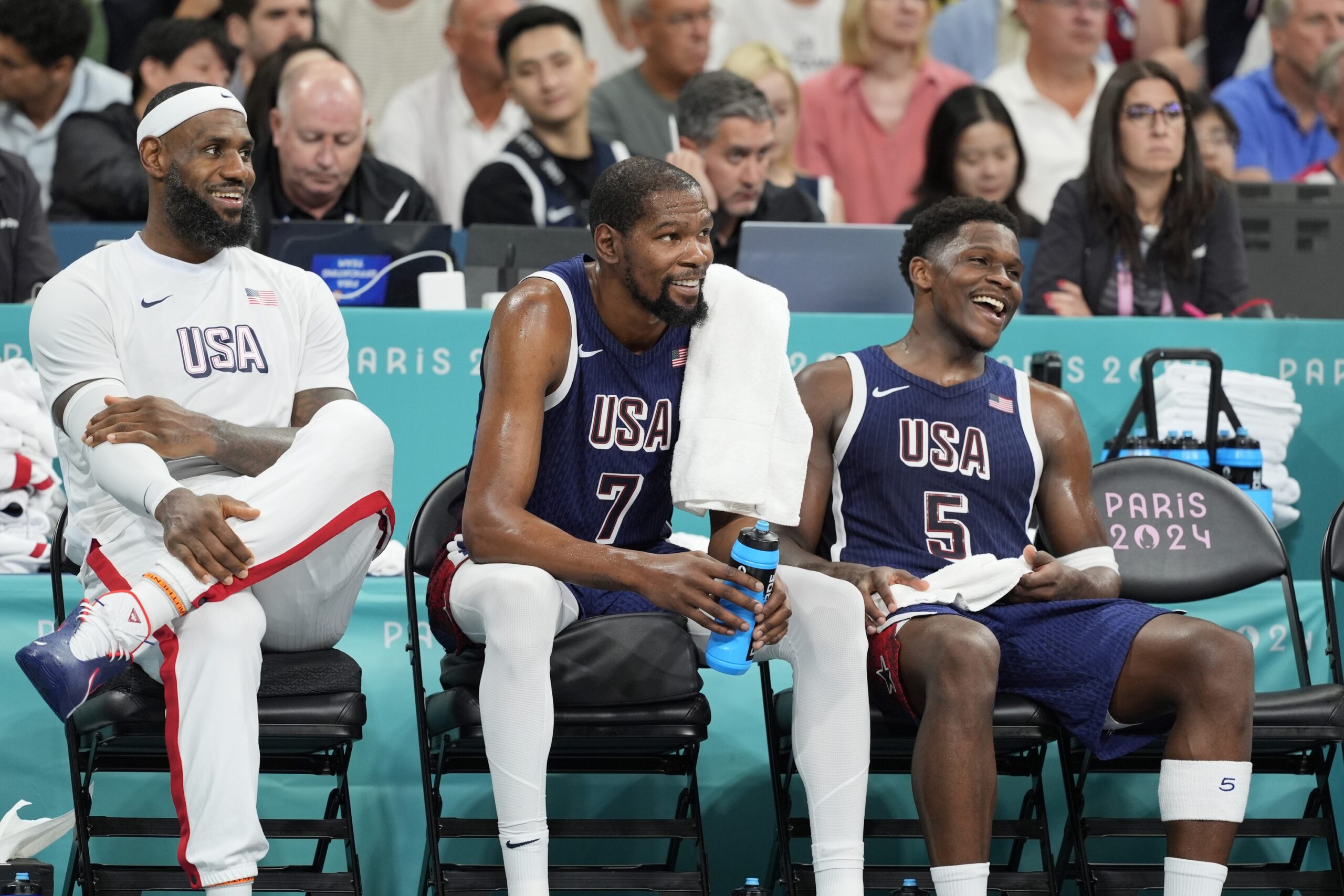Team USA standouts LeBron James, Kevin Durant, and Anthony Edwards during Paris Olympics