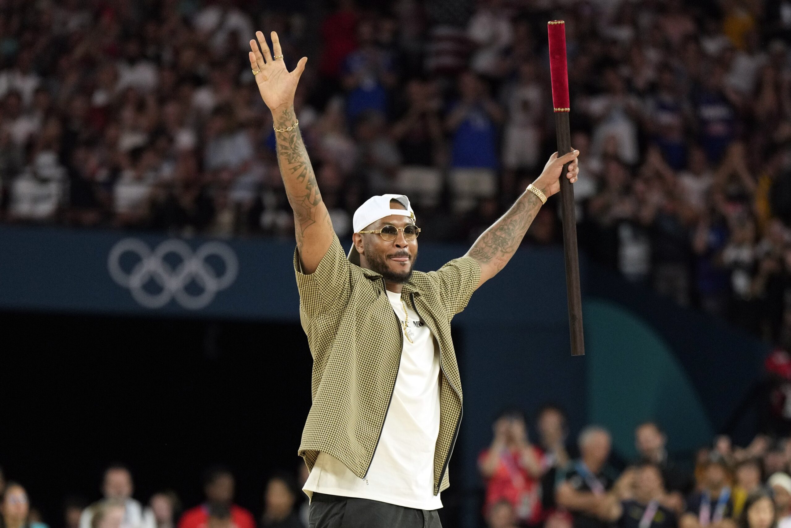 Carmelo Anthony at the Paris Olympics prior to Team USA game that preceded Serbia matchup