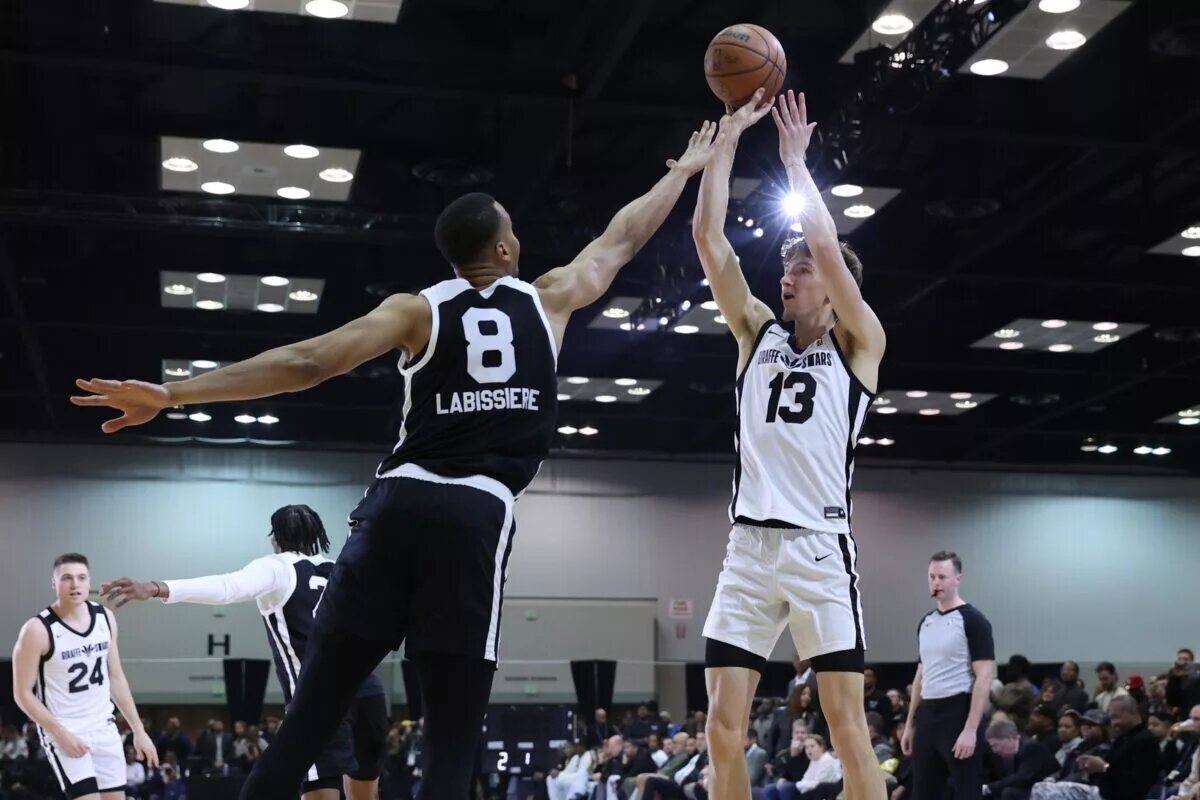 Stockton Kings center Skal Labissiere contests shot in G League Up Next Game
