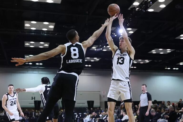 Stockton Kings center Skal Labissiere contests shot in G League Up Next Game