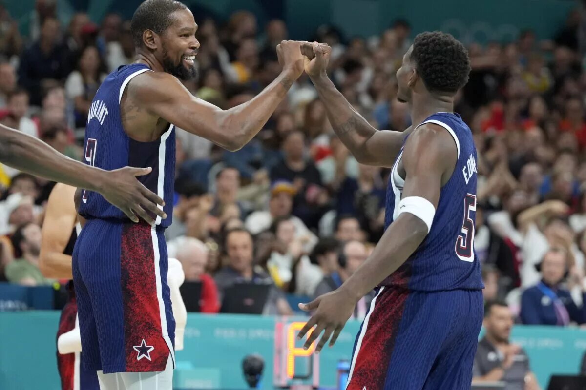 Kevin Durant and Anthony Edwards celebrate a play as Team USA teammates (Paris Olympics)