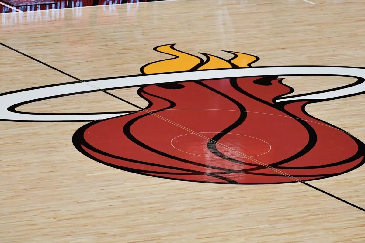 A general view of the Miami Heat logo mid court prior to the game between the Miami Heat and the New Orleans Pelicans at American Airlines Arena.