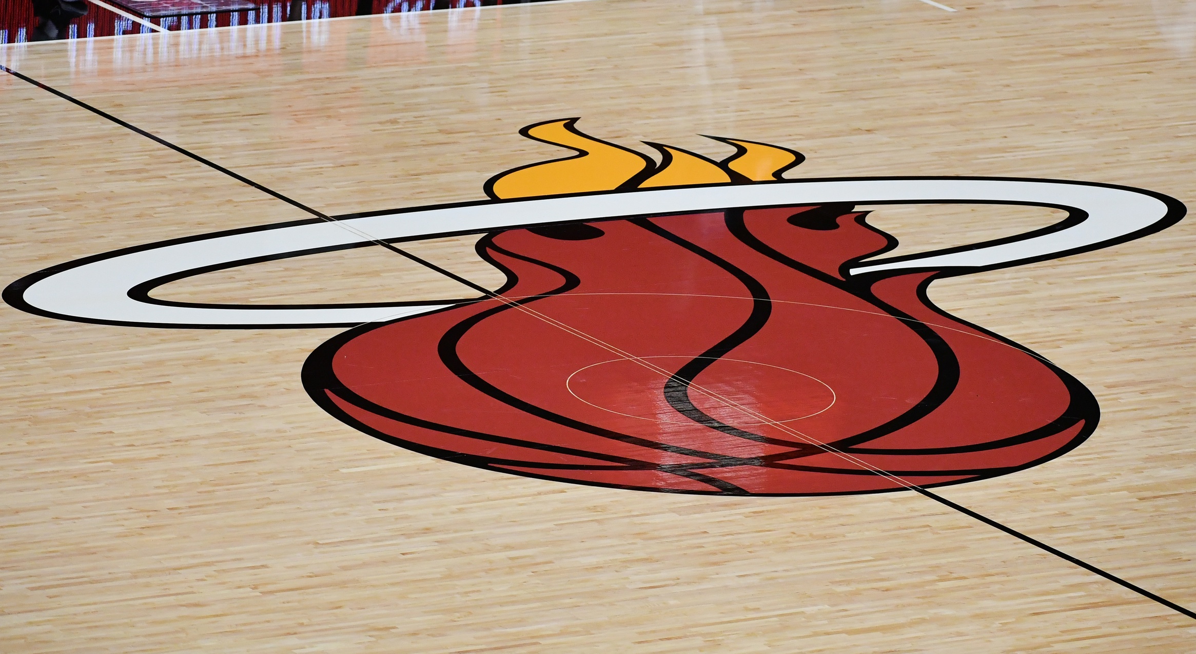 A general view of the Miami Heat logo mid court prior to the game between the Miami Heat and the New Orleans Pelicans at American Airlines Arena.