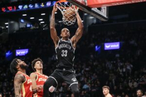 Brooklyn Nets center Nic Claxton (33) dunks in the fourth quarter against the Atlanta Hawks at Barclays Center.