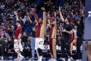 Cleveland Cavaliers bench reacts to a three-point basket against the New Orleans Pelicans during the second half at Smoothie King Center.