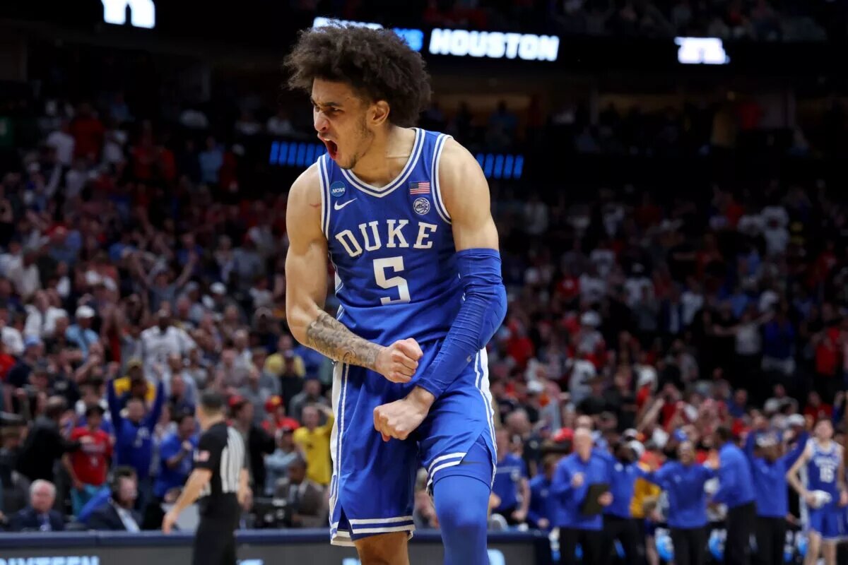 Duke Blue Devils guard Tyrese Proctor (5) reacts after defeating the Houston Cougars in the semifinals of the South Regional of the 2024 NCAA Tournament at American Airlines Center.