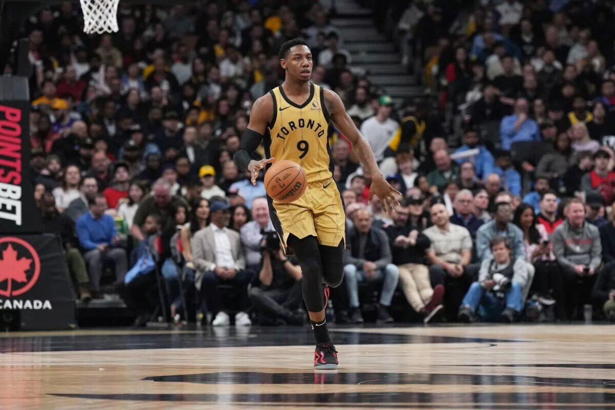 Apr 2, 2024; Toronto, Ontario, CAN; Toronto Raptors guard RJ Barrett (9) dribbles the ball up court against the Los Angeles Lakers during the third quarter at Scotiabank Arena. Mandatory Credit: Nick Turchiaro-USA TODAY Sports