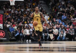 Apr 2, 2024; Toronto, Ontario, CAN; Toronto Raptors guard RJ Barrett (9) dribbles the ball up court against the Los Angeles Lakers during the third quarter at Scotiabank Arena. Mandatory Credit: Nick Turchiaro-USA TODAY Sports