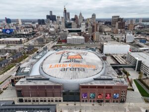 Detroit, MI, USA; A general overall aerial view of Little Caesars Arena, the home of the Detroit Pistons and Detroit Red Wings.