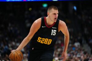 May 19, 2024; Denver, Colorado, USA; Denver Nuggets center Nikola Jokic (15) drives with the ball in the third quarter against the Minnesota Timberwolves in game seven of the second round for the 2024 NBA playoffs at Ball Arena. Mandatory Credit: Ron Chenoy-USA TODAY Sports