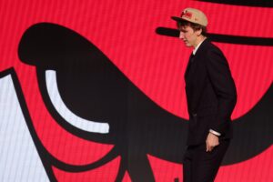 Jun 26, 2024; Brooklyn, NY, USA; Matas Buzelis walks on stage after being selected in the first round by the Chicago Bulls in the 2024 NBA Draft at Barclays Center. Mandatory Credit: Brad Penner-USA TODAY Sports