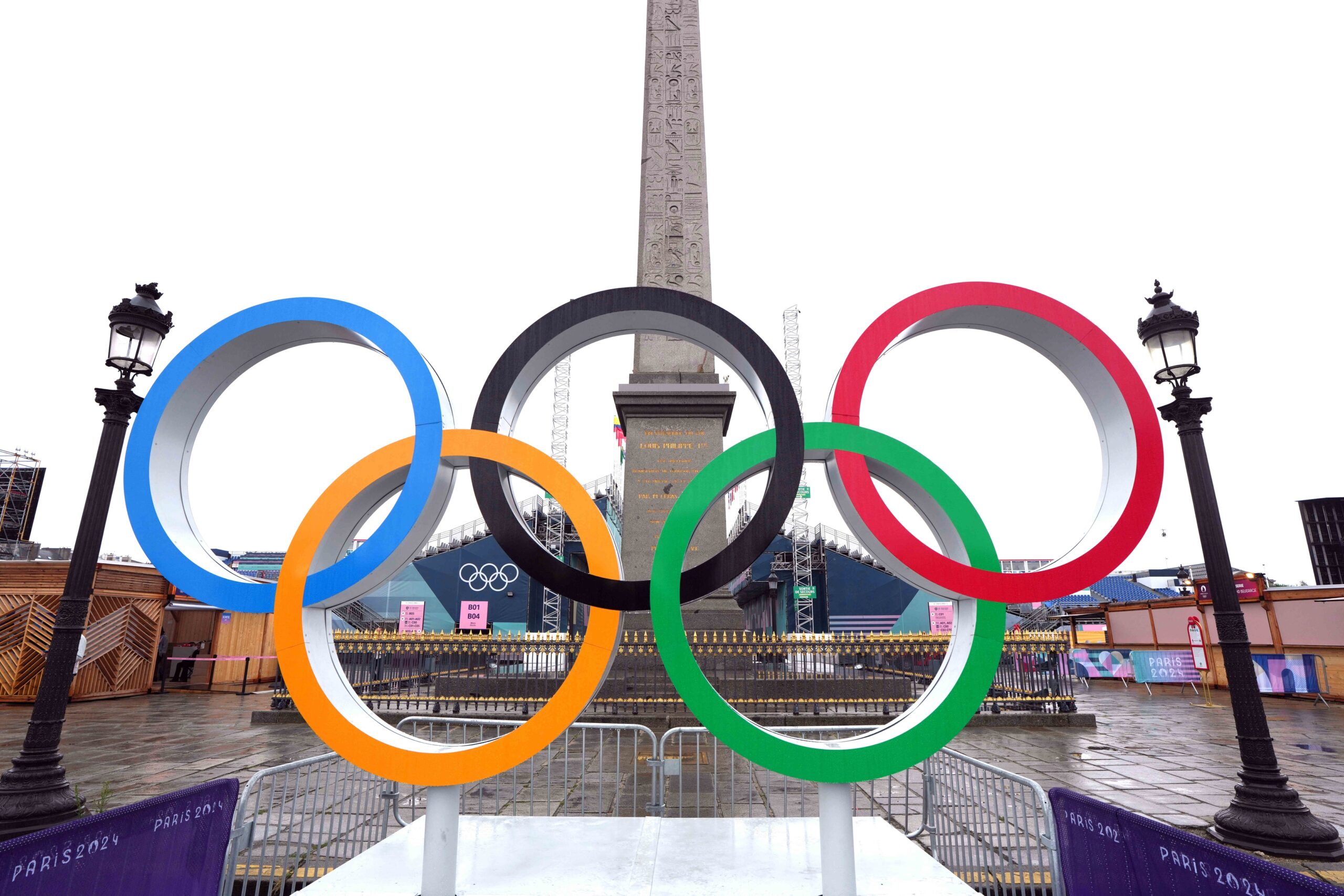 The Olympic rings at the obelisk of Luxor at the centre of the Place de la Concorde during the Paris 2024 Olympic Summer Games. Skateboarding competition was postponed to July 29 due to rain.
