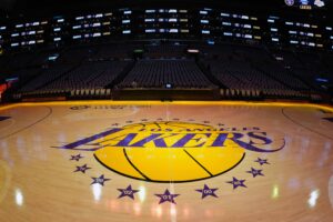 Los Angeles Lakers logo at center court