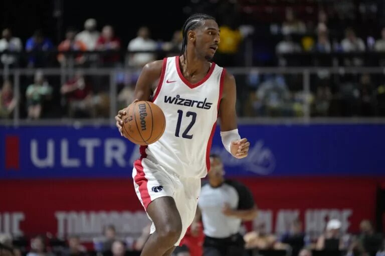 Washington Wizards top pick Alex Sarr (12) dribbles the ball