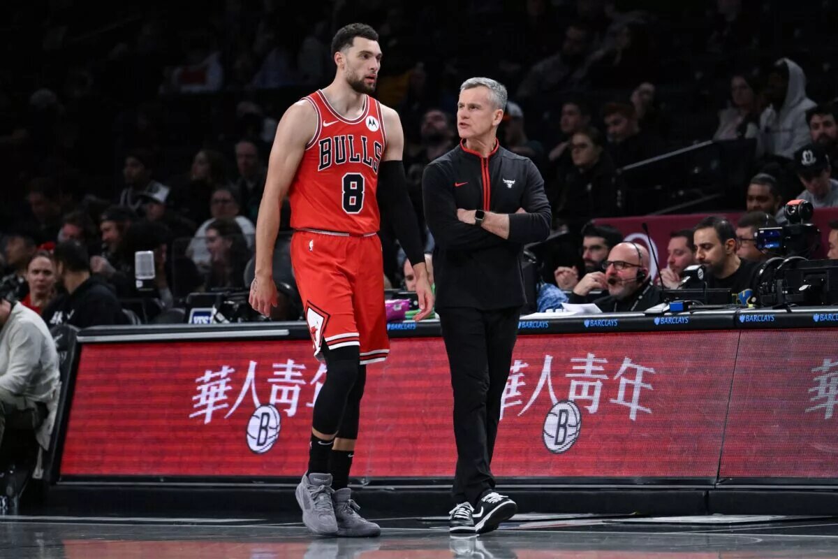 Nov 26, 2023; Brooklyn, New York, USA; Chicago Bulls guard Zach LaVine (8) and Chicago Bulls head coach Billy Donovan talk during the second quarter against the Brooklyn Nets at Barclays Center. Mandatory Credit: John Jones-USA TODAY Sports