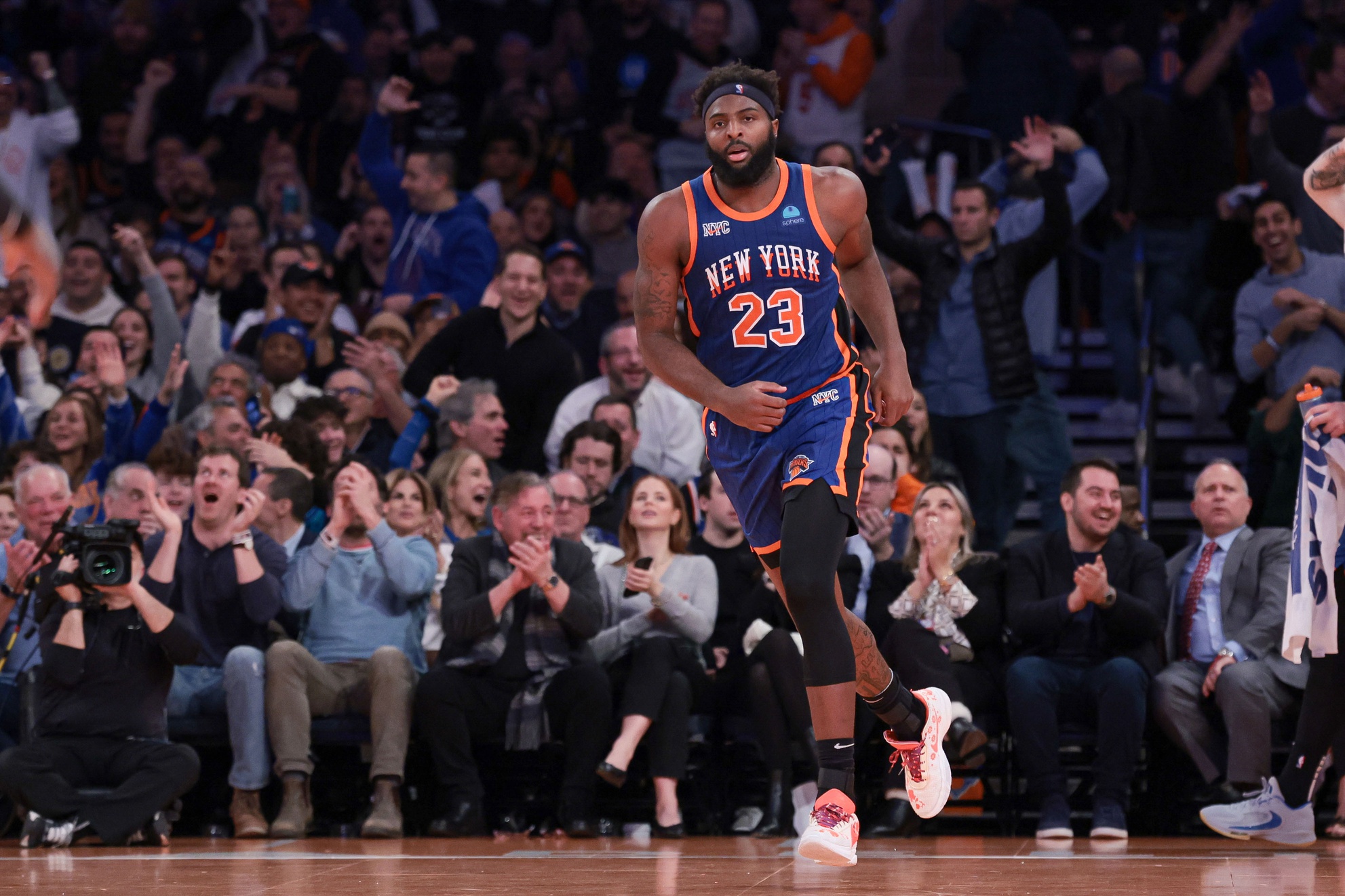 New York Knicks center Mitchell Robinson (23) reacts after a dunk against the Charlotte Hornets