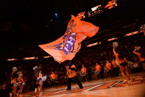 Phoenix Suns mascot waves a giant Phoenix Suns flag prior to the game