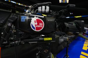 Nov 3, 2023; Denver, Colorado, USA; General of a ESPN mid court broadcast camera before the game between the Dallas Mavericks against the Denver Nuggets at Ball Arena. Mandatory Credit: Ron Chenoy-USA TODAY Sports