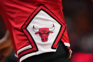 A detailed view of the Chicago Bulls logo on the shorts of Chicago Bulls guard Ayo Dosunmu (12) during the first half against the Miami Heat at Kaseya Center.