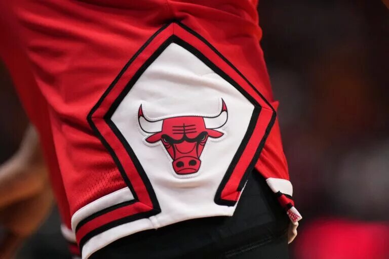 A detailed view of the Chicago Bulls logo on the shorts of Chicago Bulls guard Ayo Dosunmu (12) during the first half against the Miami Heat at Kaseya Center.
