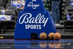 A view of the Ballys Sports network logo and basketballs before the game between the Dallas Mavericks and the Portland Trail Blazers at the American Airlines Center.