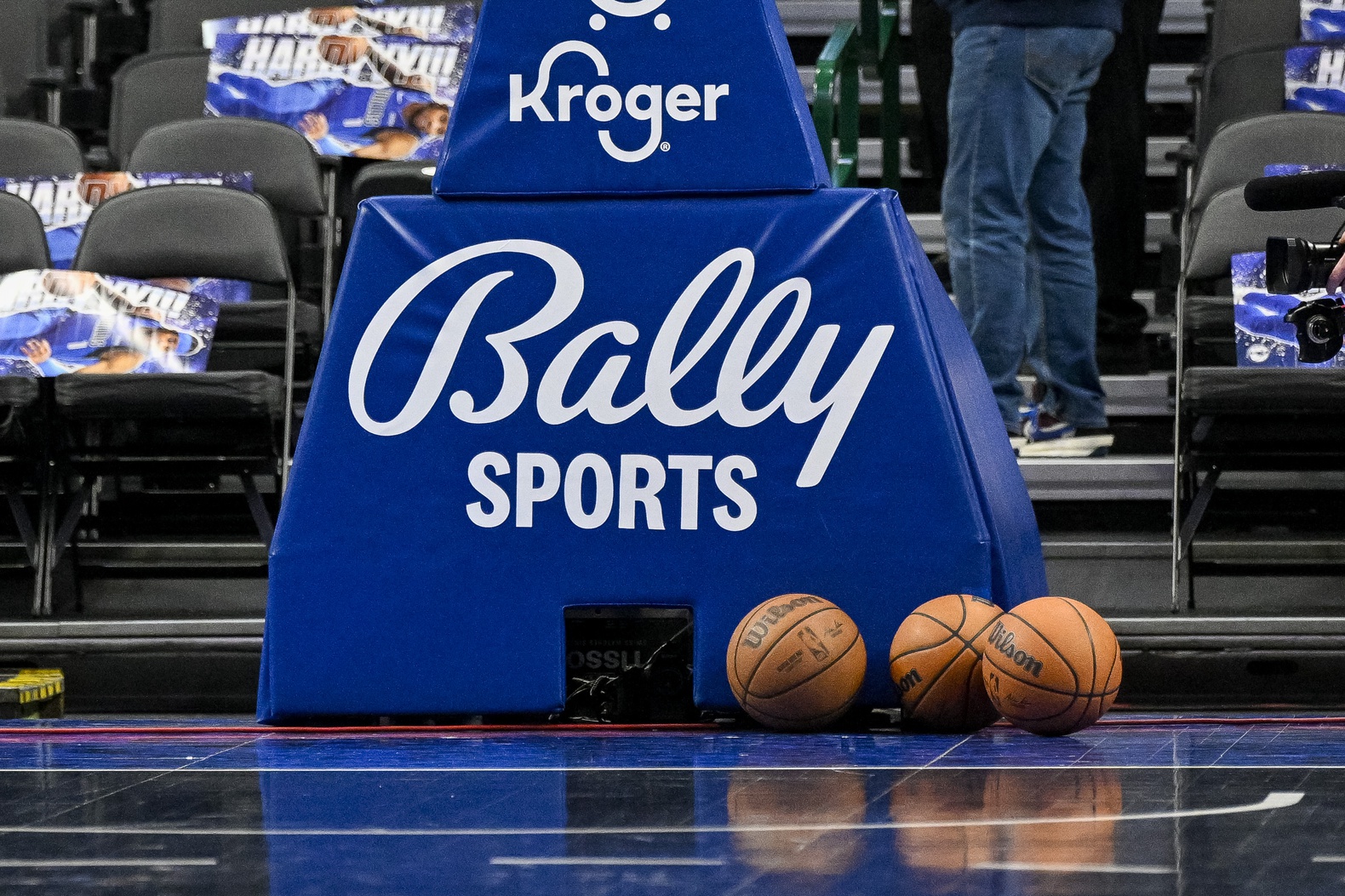 A view of the Ballys Sports network logo and basketballs before the game between the Dallas Mavericks and the Portland Trail Blazers at the American Airlines Center.