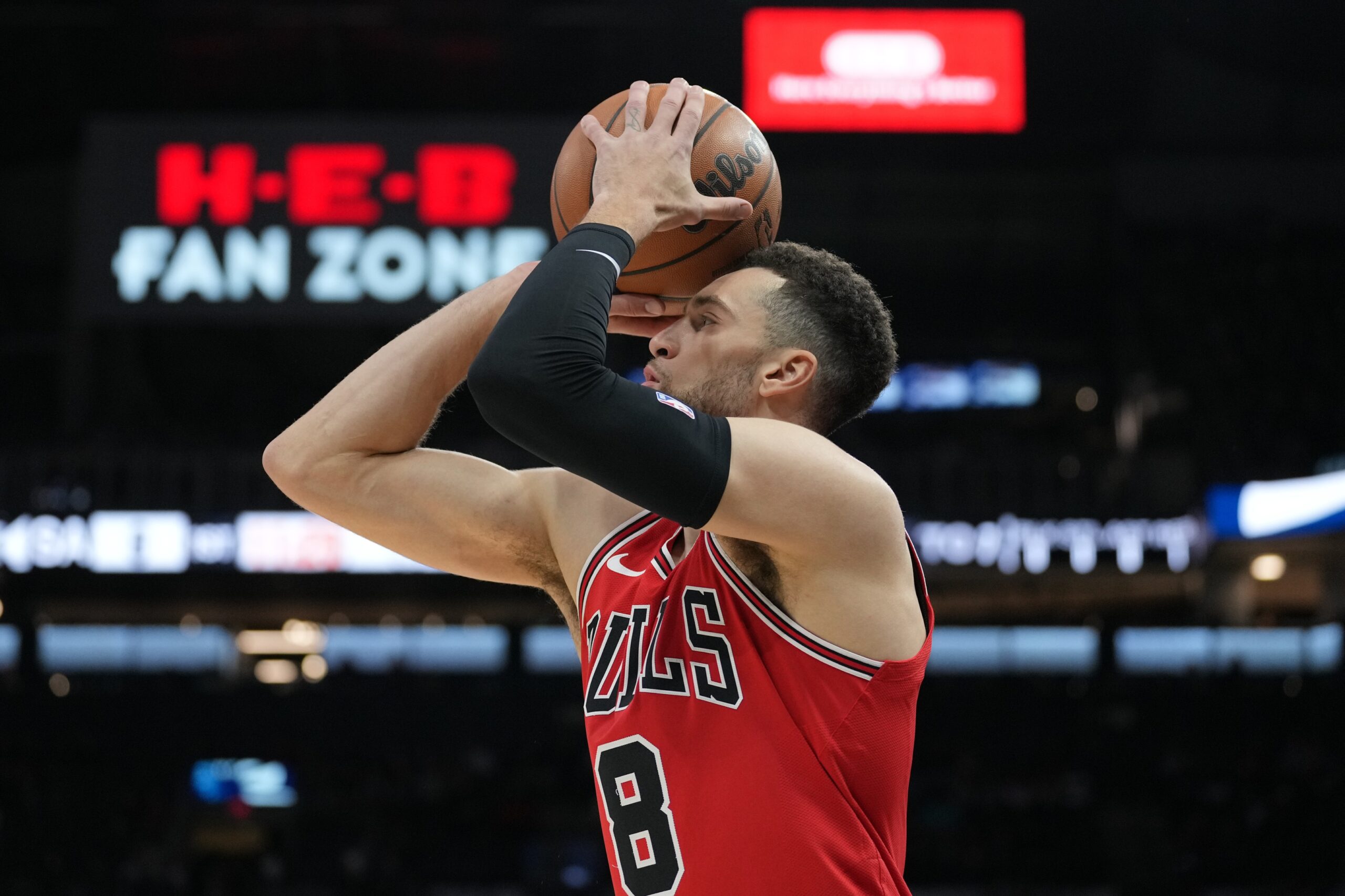 Jan 13, 2024; San Antonio, Texas, USA; Chicago Bulls guard Zach LaVine (8) shoots in the first half against the San Antonio Spurs at Frost Bank Center. Mandatory Credit: Daniel Dunn-USA TODAY Sports