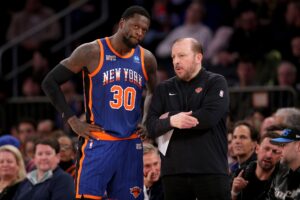 New York Knicks head coach Tom Thibodeau talks to forward Julius Randle (30) during the second quarter against the Toronto Raptors at Madison Square Garden.