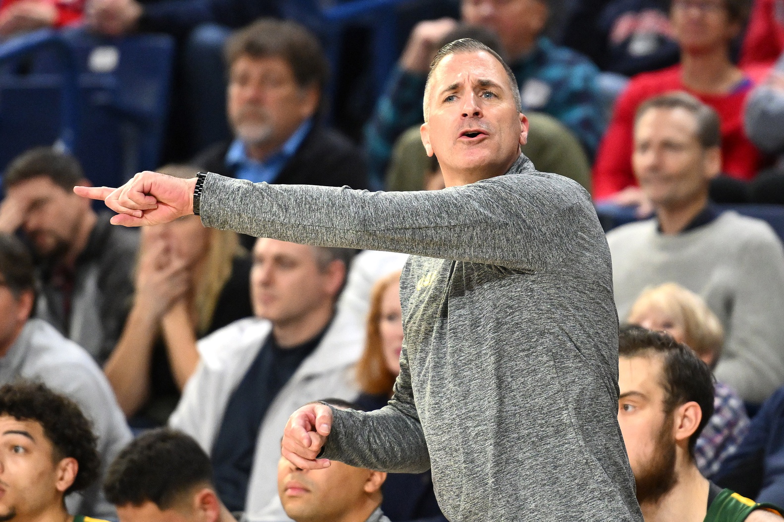 Jan 25, 2024; Spokane, Washington, USA; San Francisco Dons head coach Chris Gerlufsen looks one against the Gonzaga Bulldogs in the second half at McCarthey Athletic Center. Gonzaga won 77-72. Mandatory Credit: James Snook-USA TODAY Sports