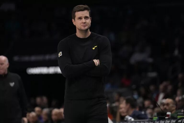Jan 27, 2024; Charlotte, North Carolina, USA; Utah Jazz head coach Will Hardy during the first quarter against the Charlotte Hornets at Spectrum Center. Mandatory Credit: Jim Dedmon-USA TODAY Sports