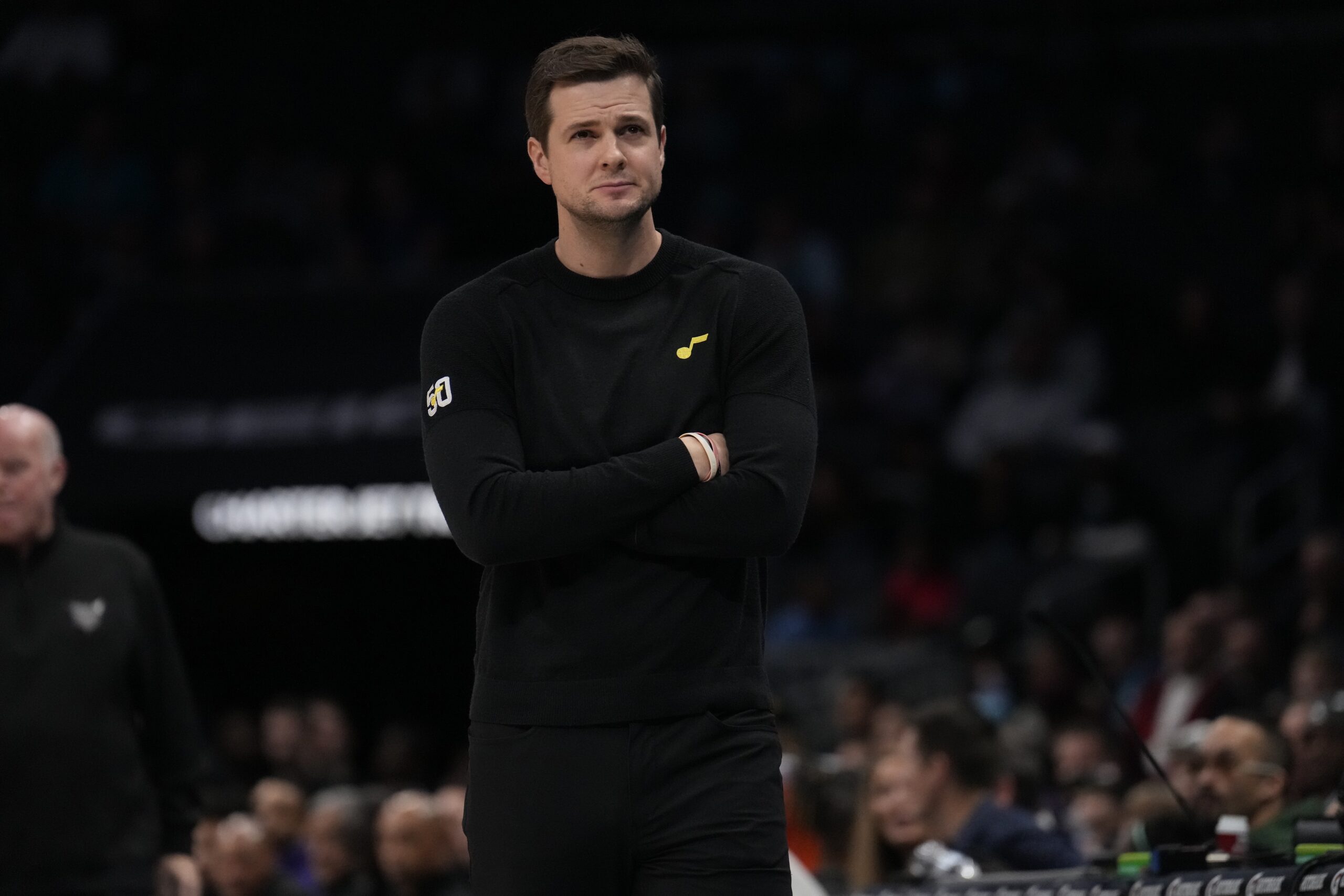 Jan 27, 2024; Charlotte, North Carolina, USA; Utah Jazz head coach Will Hardy during the first quarter against the Charlotte Hornets at Spectrum Center. Mandatory Credit: Jim Dedmon-USA TODAY Sports