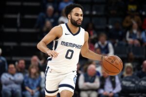 Memphis Grizzlies guard Jacob Gilyard (0) dribbles the ball up the court during the second half against the Cleveland Cavaliers at FedExForum.