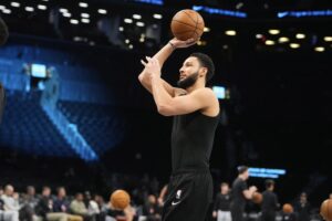 Brooklyn Nets point guard Ben Simmons (10) warms up prior to the game against the San Antonio Spurs at Barclays Center.