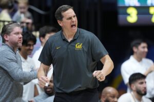 Feb 24, 2024; Berkeley, California, USA; California Golden Bears head coach Mark Madsen reacts during the first half against the Oregon Ducks at Haas Pavilion. Mandatory Credit: Darren Yamashita-USA TODAY Sports