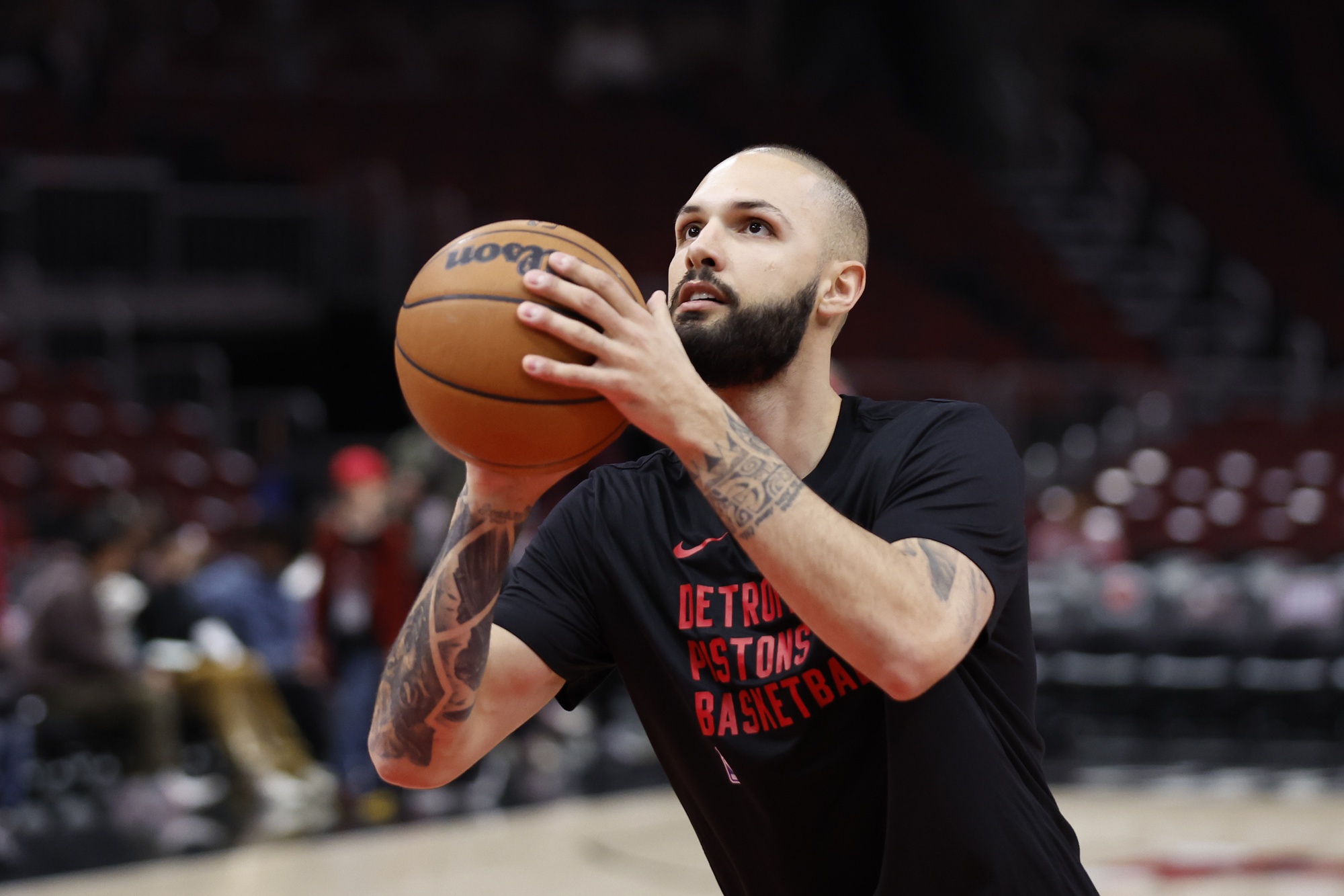 Feb 27, 2024; Chicago, Illinois, USA; Detroit Pistons guard Evan Fournier (31) warms up before a game against the Chicago Bulls at United Center. Mandatory Credit: Kamil Krzaczynski-USA TODAY Sports