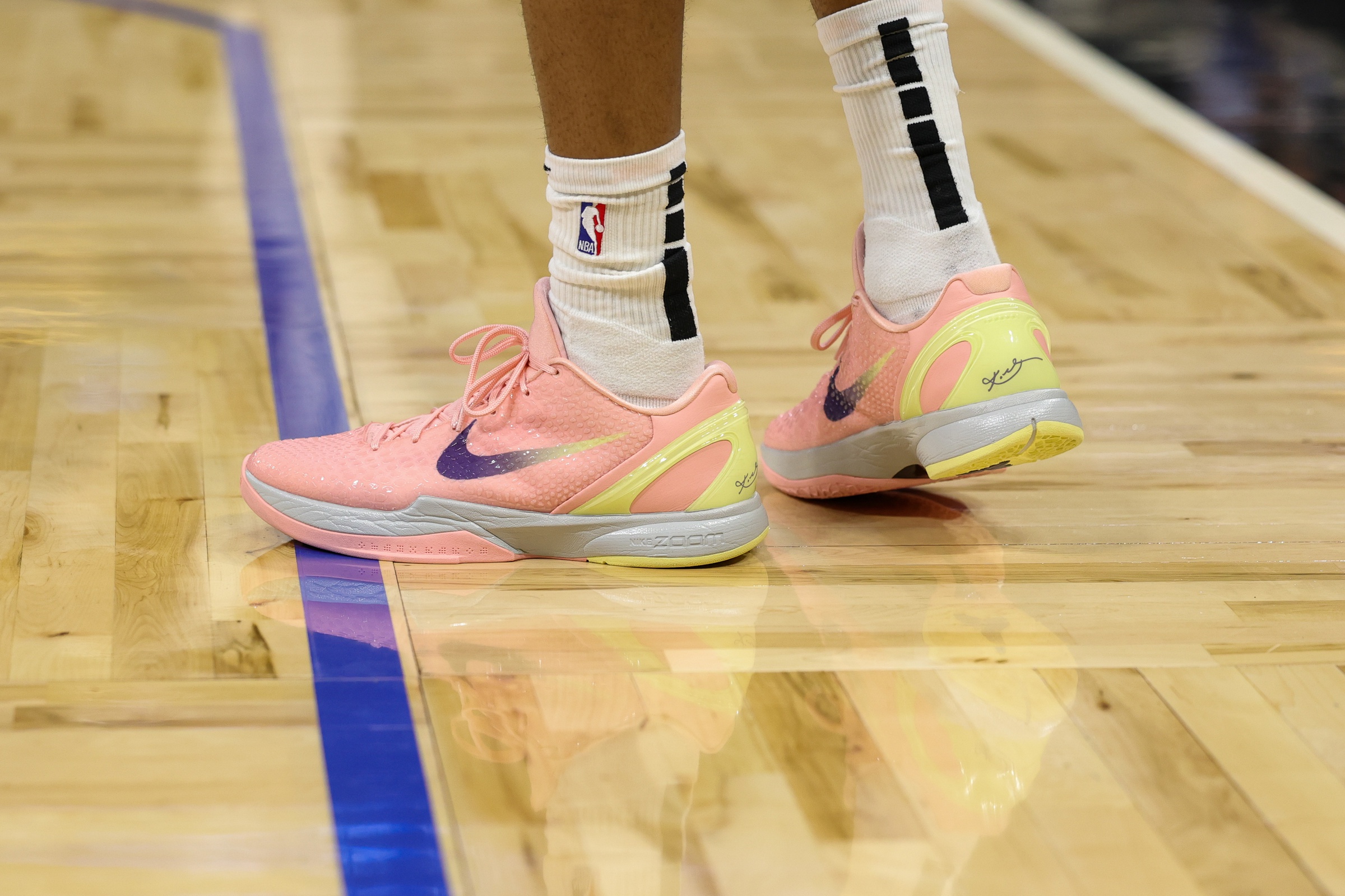 Feb 27, 2024; Orlando, Florida, USA; A detailed view of the shoes worn by Brooklyn Nets forward Mikal Bridges (1) during the game against the Orlando Magic at Amway Center. Mandatory Credit: Mike Watters-USA TODAY Sports