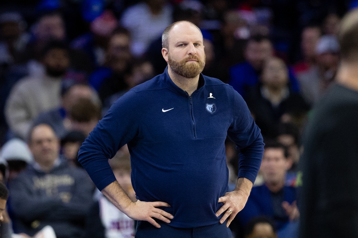 Memphis Grizzlies head coach Taylor Jenkins looks on during the second quarter against the Philadelphia 76ers at Wells Fargo Center.