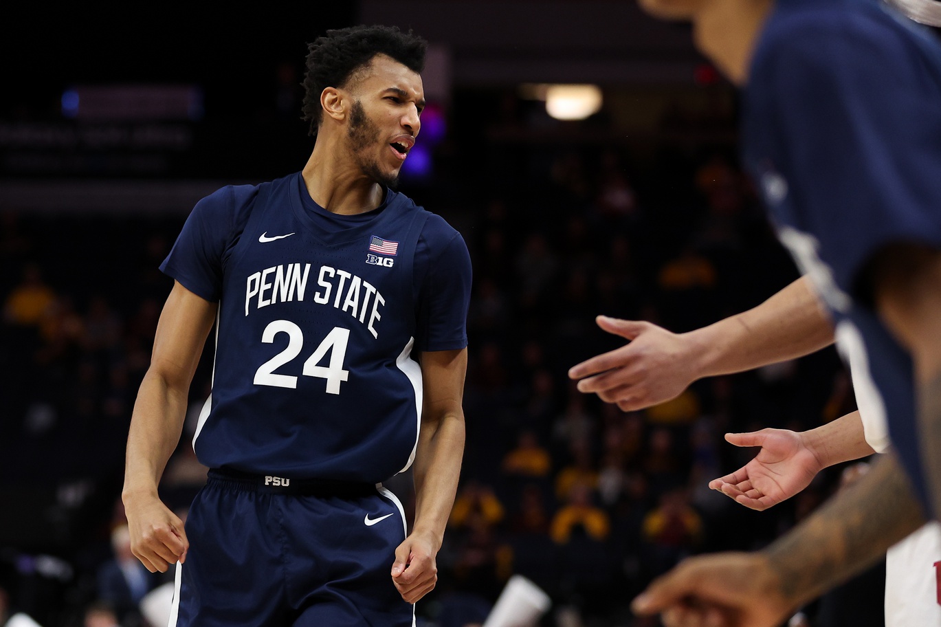 Mar 14, 2024; Minneapolis, MN, USA; Penn State Nittany Lions forward Zach Hicks (24) celebrates his three-point basket against the Indiana Hoosiers during the second half at Target Center. Mandatory Credit: Matt Krohn-USA TODAY Sports