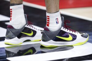 Mar 18, 2024; Chicago, Illinois, USA; Chicago Bulls guard Alex Caruso (6) shoes are seen during the second half at United Center. Mandatory Credit: Kamil Krzaczynski-USA TODAY Sports