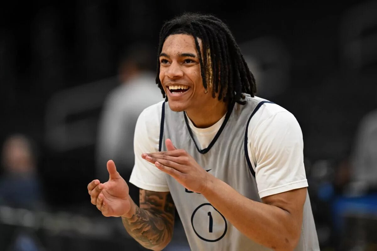 Connecticut Huskies guard Solomon Ball (1) reacts during a practice day before the semifinals of the East Regional in the 2024 NCAA Tournament at the TD Garden.