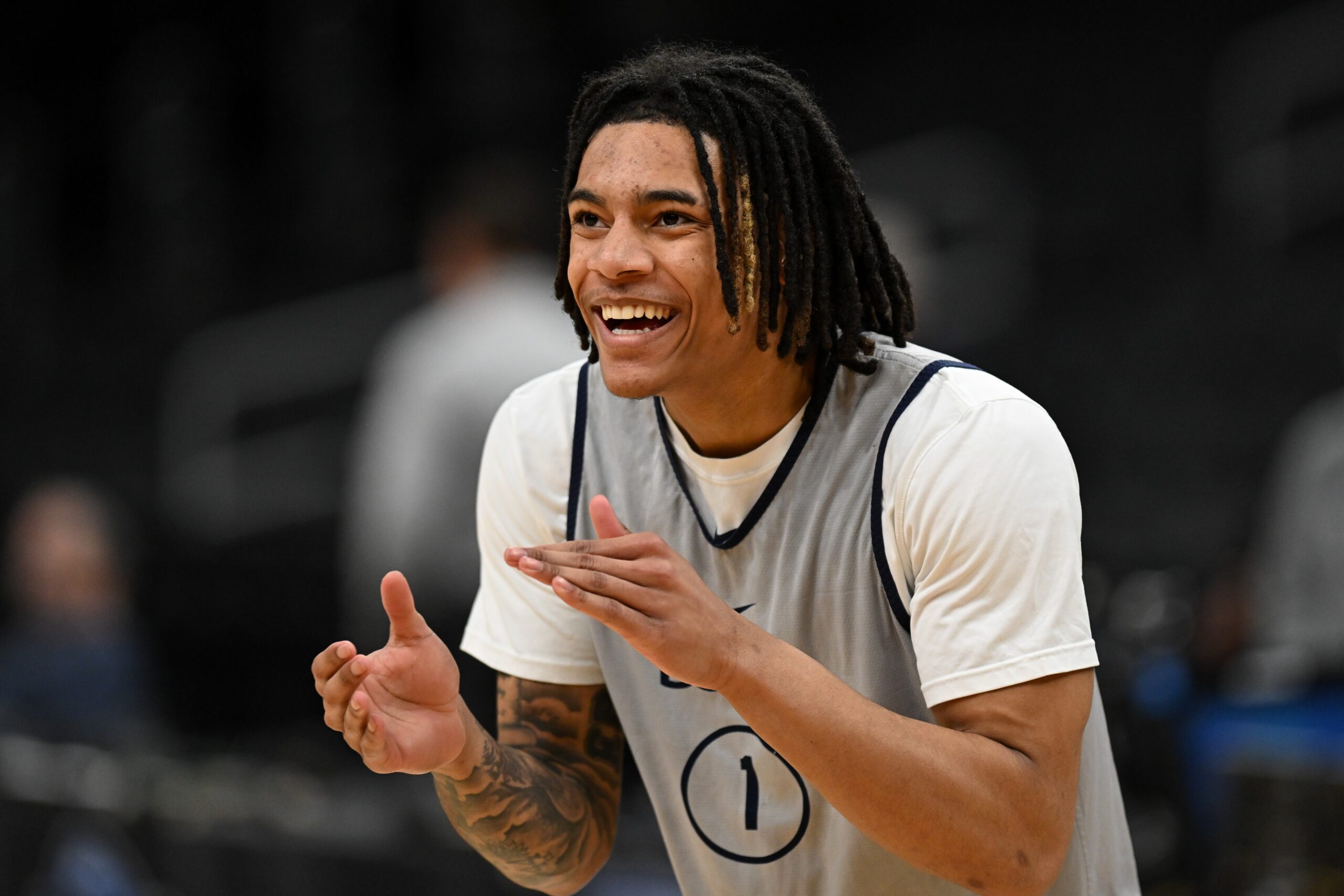 Connecticut Huskies guard Solomon Ball (1) reacts during a practice day before the semifinals of the East Regional in the 2024 NCAA Tournament at the TD Garden.