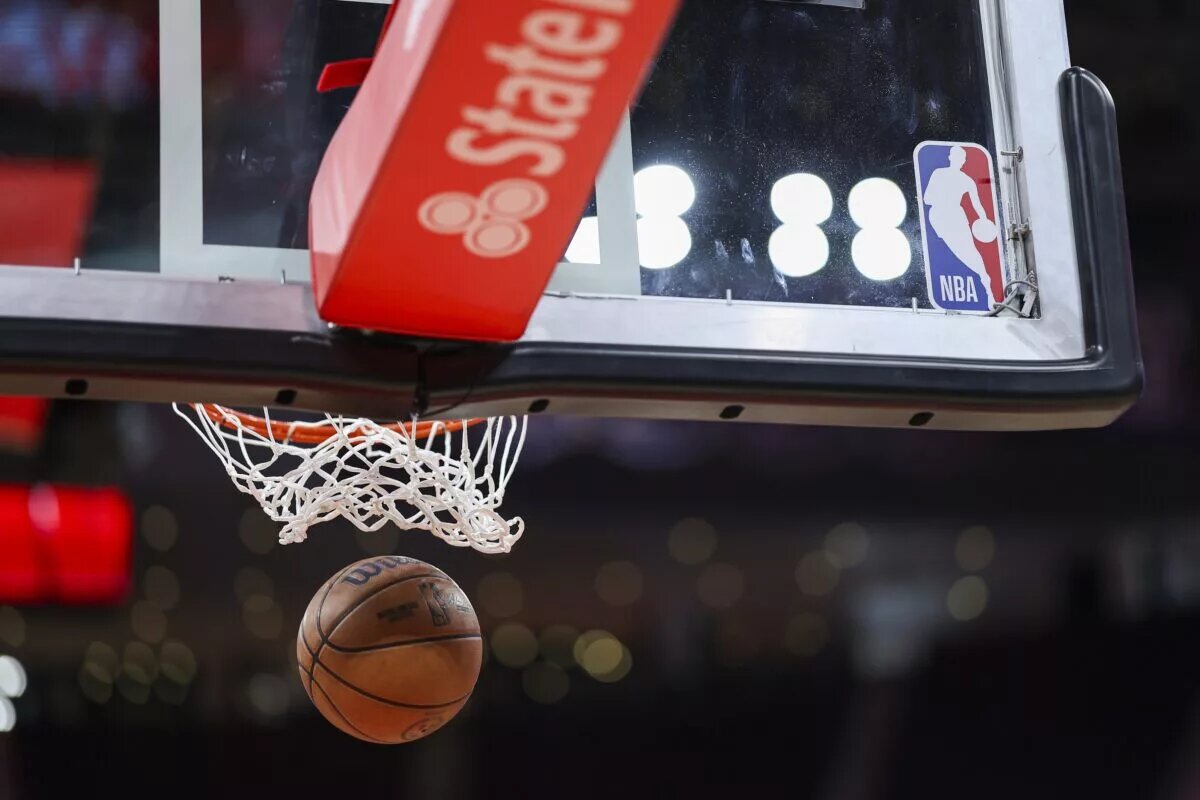 View of the NBA logo on a backboard before the game between the Houston Rockets and the Miami Heat at Toyota Center.