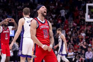 Apr 19, 2024; New Orleans, Louisiana, USA; New Orleans Pelicans guard Jose Alvarado (15) reacts to making a three point basket against the Sacramento Kings in the second half during a play-in game of the 2024 NBA playoffs at Smoothie King Center. Mandatory Credit: Stephen Lew-USA TODAY Sports