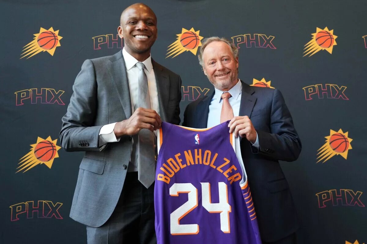 May 17, 2024; Phoenix, AZ, USA; Mike Budenholzer poses alongside General Manager James Jones during a press conference to announce his job as head coach of the Phoenix Suns. Mandatory Credit: Joe Camporeale-USA TODAY Sports
